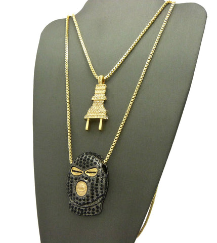 Nyfashion101 Stone Stud Power Plug & Goon Ski Mask Head Pendant Set W/ 2mm 24" & 30" Box Chains In Gold-Tone