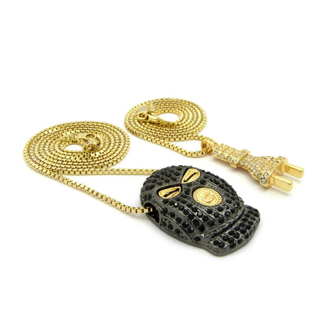 Nyfashion101 Stone Stud Power Plug & Goon Ski Mask Head Pendant Set W/ 2mm 24" & 30" Box Chains In Gold-Tone