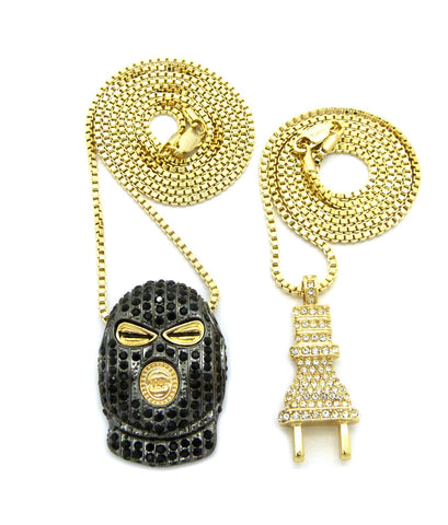 nyfashion101 Stone Stud Power Plug & Goon Ski Mask Head Pendant Set w/ 2mm 24" & 30" Box Chains in Gold-Tone