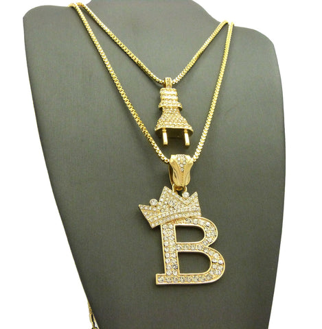 Nyfashion101 Stone Stud Power Plug & Tilted Crown Initial B Pendant Set W/ Gold-Tone Box Chain Necklaces