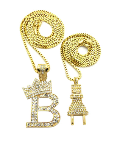 Nyfashion101 Stone Stud Power Plug & Tilted Crown Initial B Pendant Set W/ Gold-Tone Box Chain Necklaces