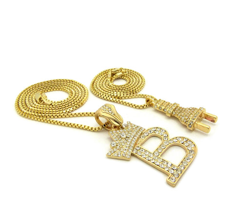 Nyfashion101 Stone Stud Power Plug & Tilted Crown Initial B Pendant Set W/ Gold-Tone Box Chain Necklaces