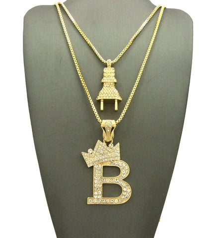 nyfashion101 Stone Stud Power Plug & Tilted Crown Initial B Pendant Set w/ Gold-Tone Box Chain Necklaces
