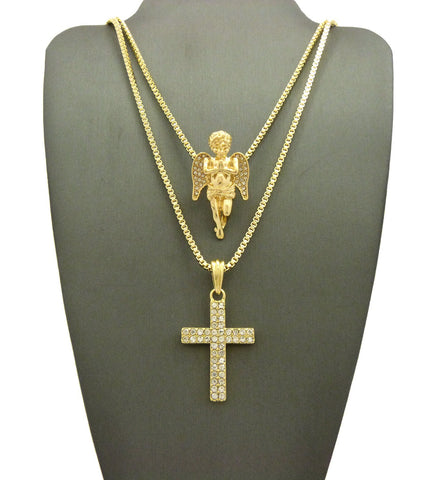 Nyfashion101 Stone Stud Praying Angel & 2 Row Cross Pendant Set W/ 2mm 24" & 30" Box Chain Necklaces In Gold-Tone