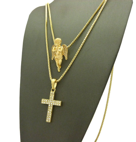 Nyfashion101 Stone Stud Praying Angel & 2 Row Cross Pendant Set W/ 2mm 24" & 30" Box Chain Necklaces In Gold-Tone