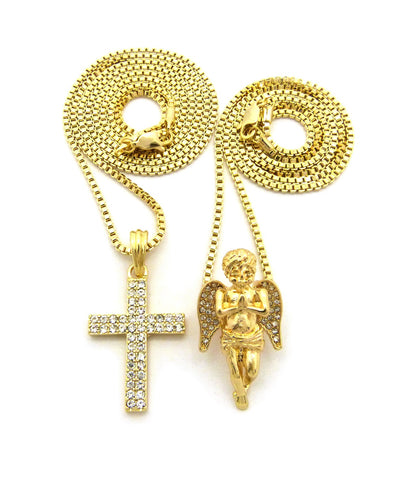 nyfashion101 Stone Stud Praying Angel & 2 Row Cross Pendant Set w/ 2mm 24" & 30" Box Chain Necklaces in Gold-Tone
