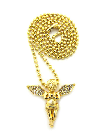 nyfashion101 Stone Stud Praying Extended Wing Angel Micro Pendant with Chain Necklace