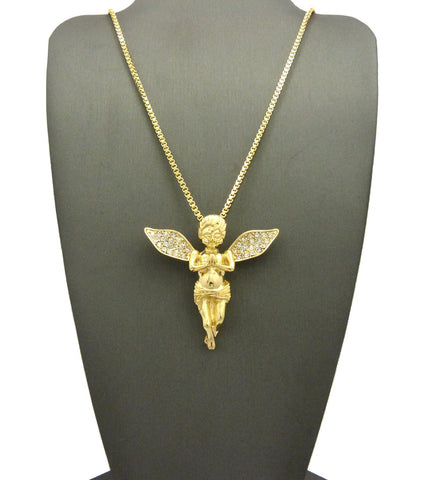 nyfashion101 Stone Stud Praying Extended Wing Angel with Chain Necklace