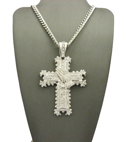 Nyfashion101 Stone Stud Praying Hands On Heraldic Cross Pendant W/6mm 36" Cuban Chain Necklace Silver-Tone