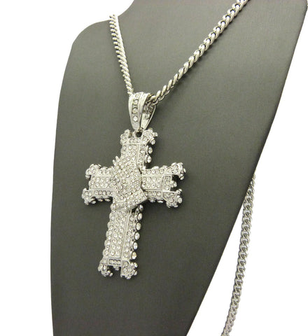 Nyfashion101 Stone Stud Praying Hands On Heraldic Cross Pendant W/6mm 36" Cuban Chain Necklace Silver-Tone