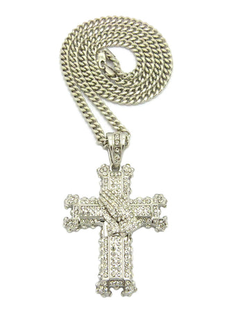 nyfashion101 Stone Stud Praying Hands on Heraldic Cross Pendant w/6mm 36" Cuban Chain Necklace Silver-Tone