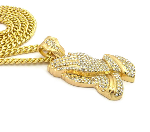 Nyfashion101 Stone Stud Praying Hands Pendant W/6mm 30" Cuban Chain Necklace Gold-Tone