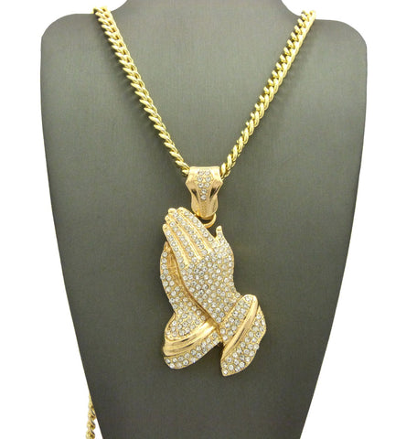 Nyfashion101 Stone Stud Praying Hands Pendant W/6mm 30" Cuban Chain Necklace Gold-Tone