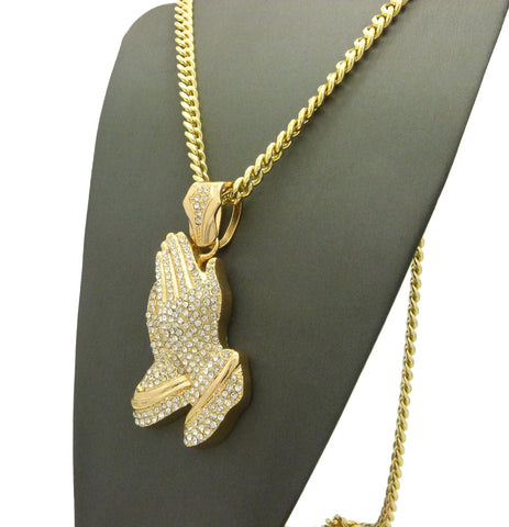 Nyfashion101 Stone Stud Praying Hands Pendant W/6mm 30" Cuban Chain Necklace Gold-Tone