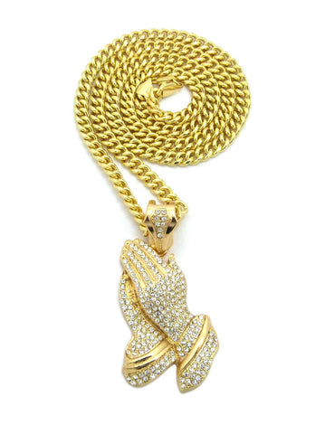 nyfashion101 Stone Stud Praying Hands Pendant w/6mm 30" Cuban Chain Necklace Gold-Tone