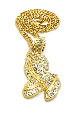 Nyfashion101 Stone Stud Praying Hands Pendant With 6mm Cuban Chain In Gold-Tone 36"