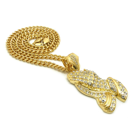 Nyfashion101 Stone Stud Praying Hands Pendant With 6mm Cuban Chain In Gold-Tone 36"