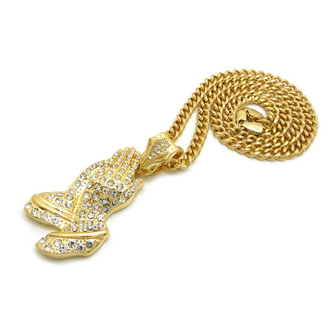 Nyfashion101 Stone Stud Praying Hands Pendant With 6mm Cuban Chain In Gold-Tone 24"