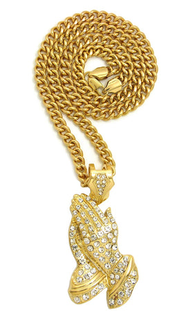 nyfashion101 Stone Stud Praying Hands Pendant with 6mm Cuban Chain in Gold-Tone 24"