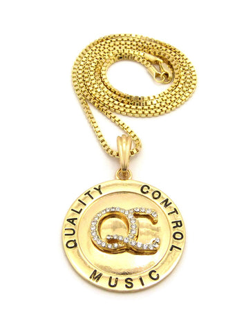 nyfashion101 Stone Stud QC Initials on Polished Round Pendant w/ 24" Necklace in Gold-Tone