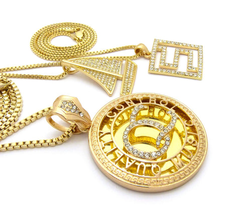 Nyfashion101 Stone Stud QC Initials Sailboat & Maze Pendant Set W/ Box Chain Necklaces Gold-Tone