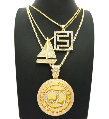 Nyfashion101 Stone Stud QC Initials Sailboat & Maze Pendant Set W/ Box Chain Necklaces Gold-Tone