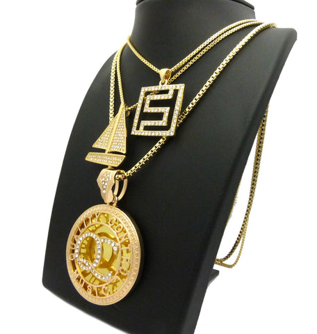 Nyfashion101 Stone Stud QC Initials Sailboat & Maze Pendant Set W/ Box Chain Necklaces Gold-Tone