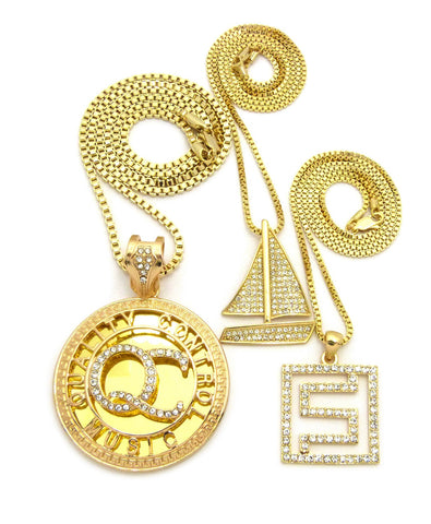 nyfashion101 Stone Stud QC Initials Sailboat & Maze Pendant Set w/ Box Chain Necklaces Gold-Tone