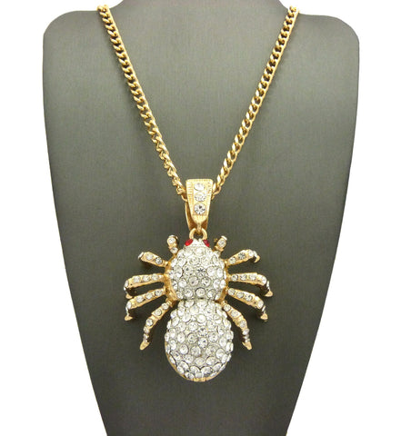 Nyfashion101 Stone Stud Red Eyed Spider Pendant W/5mm 30" Cuban Chain Necklace Gold/Silver-Tone