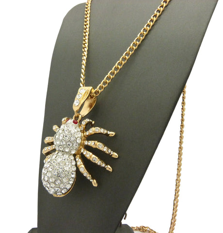 Nyfashion101 Stone Stud Red Eyed Spider Pendant W/5mm 30" Cuban Chain Necklace Gold/Silver-Tone