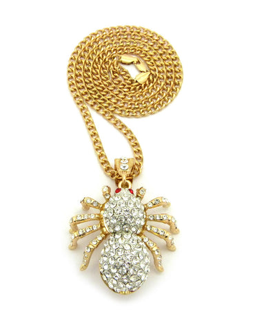 nyfashion101 Stone Stud Red Eyed Spider Pendant w/5mm 30" Cuban Chain Necklace Gold/Silver-Tone