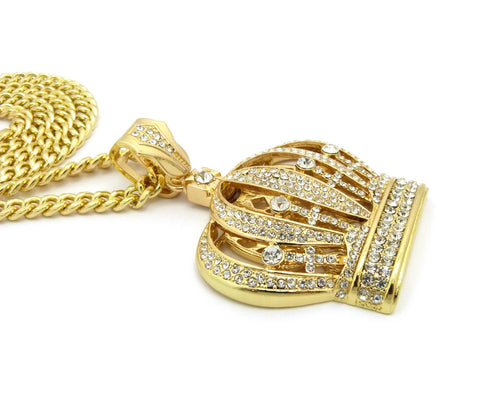 Nyfashion101 Stone Stud Royal Crown Pendant W/6mm 30" Cuban Chain Necklace Gold-Tone