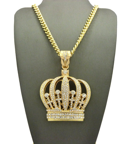 Nyfashion101 Stone Stud Royal Crown Pendant W/6mm 30" Cuban Chain Necklace Gold-Tone
