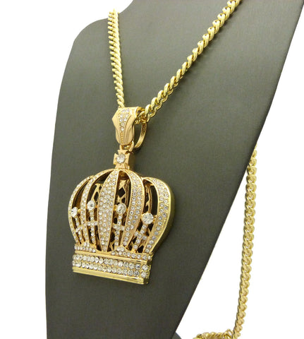 Nyfashion101 Stone Stud Royal Crown Pendant W/6mm 30" Cuban Chain Necklace Gold-Tone