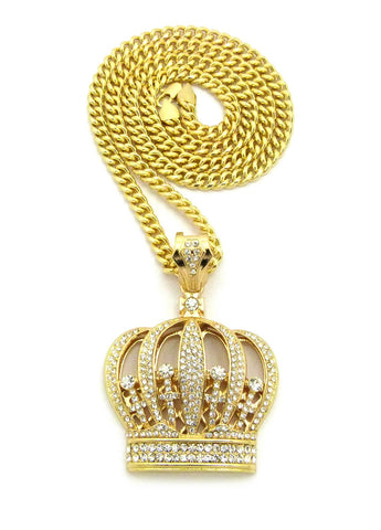 nyfashion101 Stone Stud Royal Crown Pendant w/6mm 30" Cuban Chain Necklace Gold-Tone