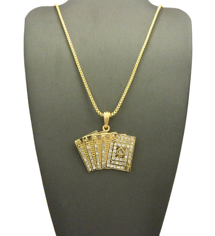 nyfashion101 Stone Stud Royal Flush Poker Hand Pendant w/ Chain Necklace