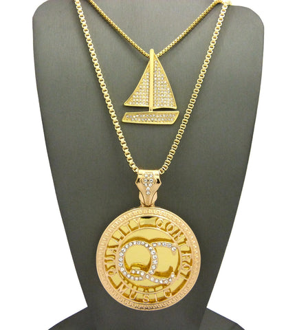 Nyfashion101 Stone Stud Sailboat & Initials QC Pendant Set W/Box Chain Necklaces Gold-Tone