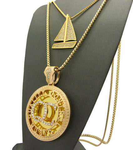Nyfashion101 Stone Stud Sailboat & Initials QC Pendant Set W/Box Chain Necklaces Gold-Tone