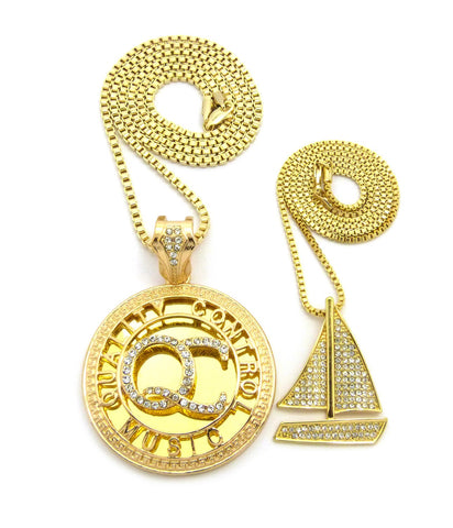 nyfashion101 Stone Stud Sailboat & Initials QC Pendant Set w/Box Chain Necklaces Gold-Tone