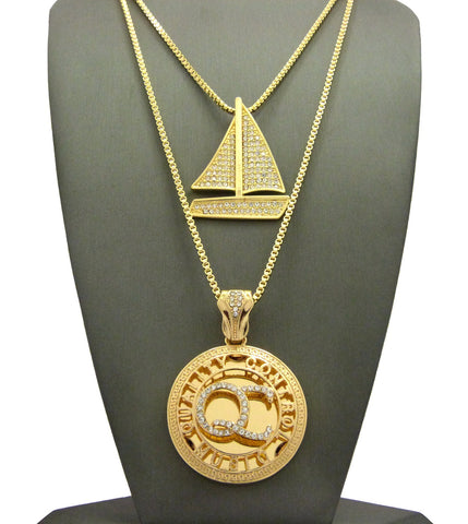 Nyfashion101 Stone Stud Sailboat & Micro Initials QC Pendant Set W/Box Chain Necklaces Gold-Tone