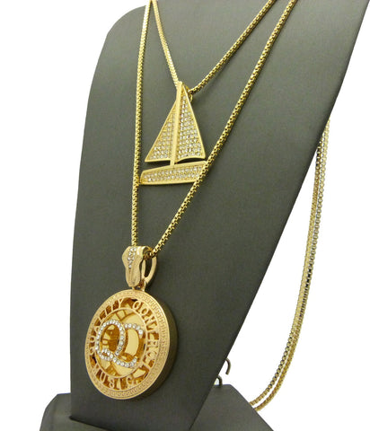 Nyfashion101 Stone Stud Sailboat & Micro Initials QC Pendant Set W/Box Chain Necklaces Gold-Tone