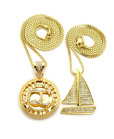 nyfashion101 Stone Stud Sailboat & Micro Initials QC Pendant Set w/Box Chain Necklaces Gold-Tone