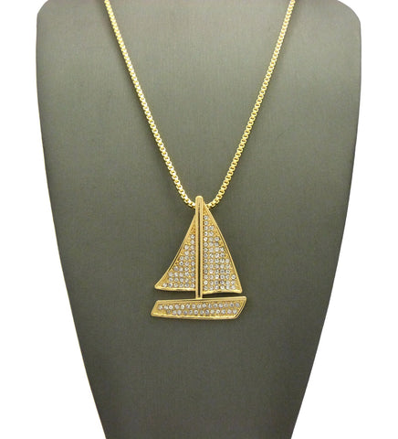 Nyfashion101 Stone Stud Sailboat Pendant W/2mm 24" Box Chain Necklace