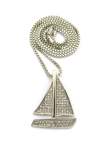 Nyfashion101 Stone Stud Sailboat Pendant W/2mm 24" Box Chain Necklace