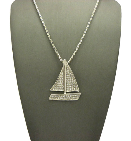 Nyfashion101 Stone Stud Sailboat Pendant W/2mm 24" Box Chain Necklace