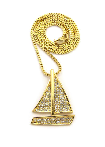 nyfashion101 Stone Stud Sailboat Pendant w/2mm 24" Box Chain Necklace