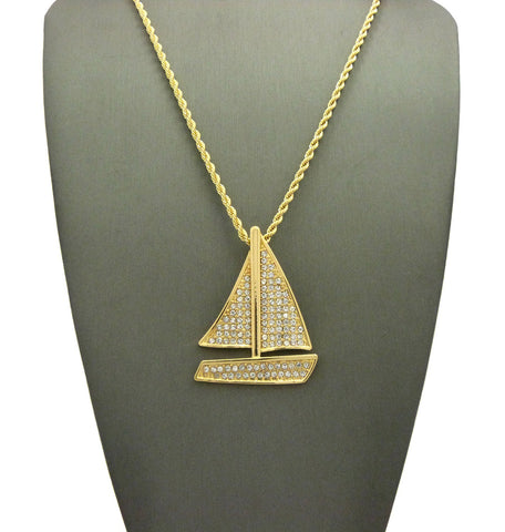 Nyfashion101 Stone Stud Sailboat Pendant W/2mm 24" Rope Chain Necklace
