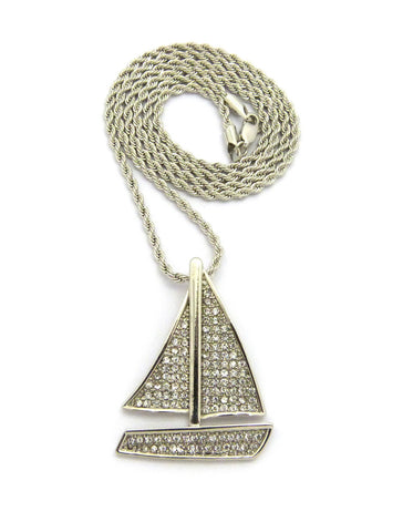 Nyfashion101 Stone Stud Sailboat Pendant W/2mm 24" Rope Chain Necklace