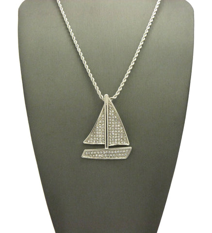 Nyfashion101 Stone Stud Sailboat Pendant W/2mm 24" Rope Chain Necklace