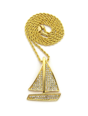 nyfashion101 Stone Stud Sailboat Pendant w/2mm 24" Rope Chain Necklace